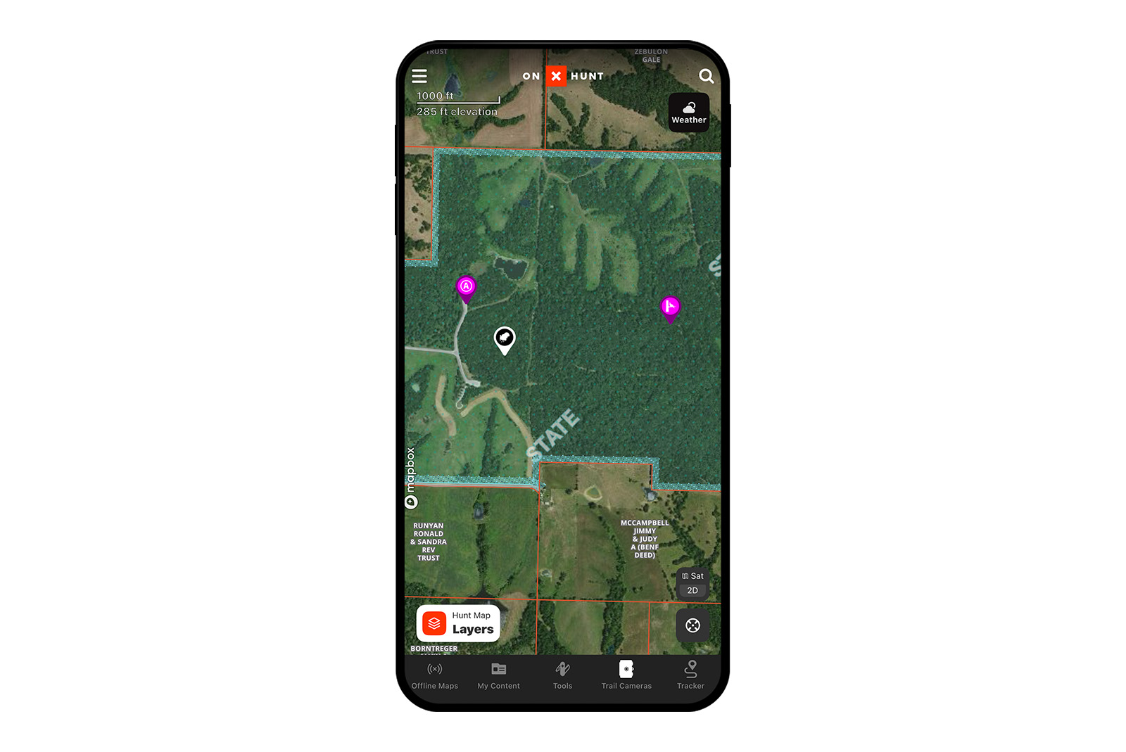 onX Hunt App displaying public and private land boundaries. 