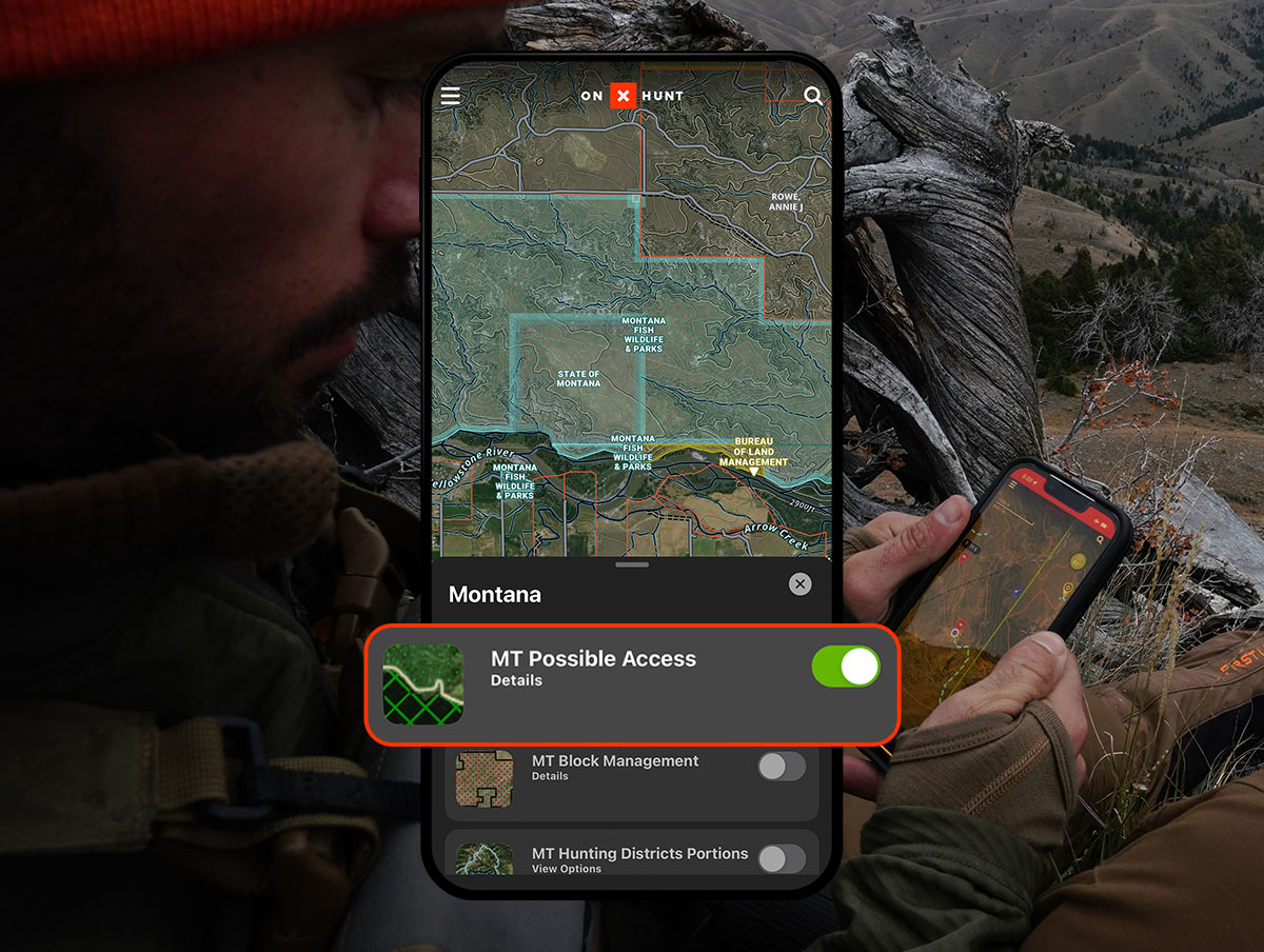 onX Hunt App showing MT Possible Access Map Layer.