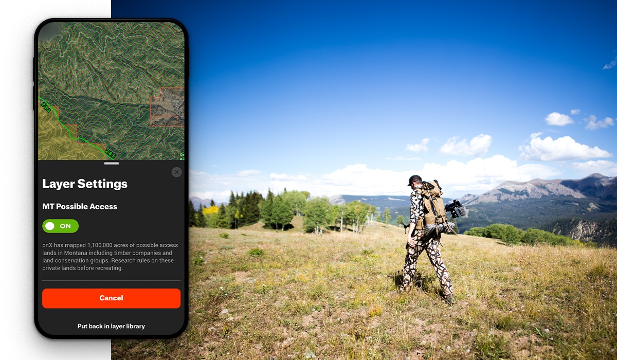 A backcountry hunter walks through the grass with mountains in the background. A screenshot of the onX Hunt App is overlaid on the photo showing "Layer Settings."