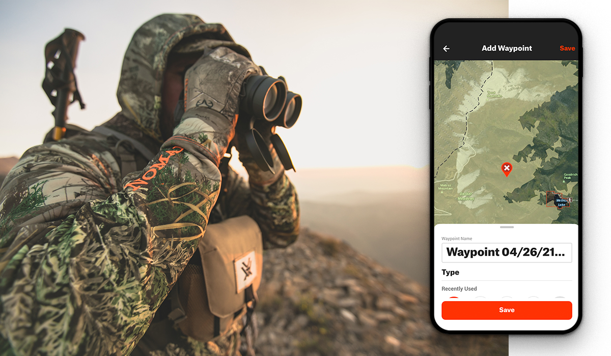 A hunter in camo glasses a hillside with binoculars. A screenshot of the Hunt App is overlaid showing the Waypoints user interface.