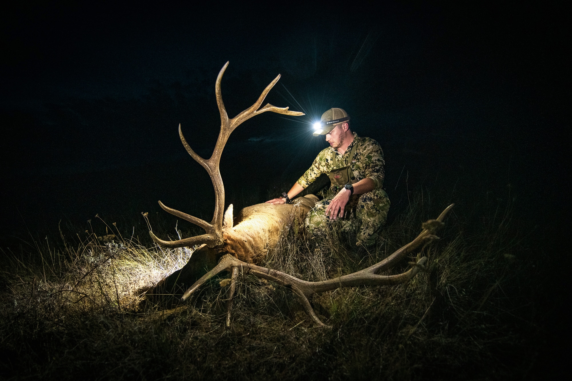 A hunter kneels next to the bull elk he harvested. It's nighttime and the hunter wears a headlamp. 