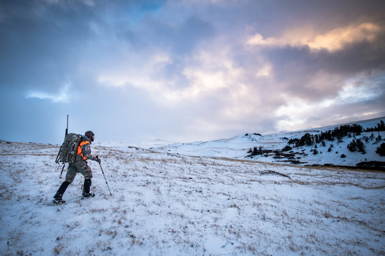 A hunter hikes through a snowy meadow with a trekking pole. 