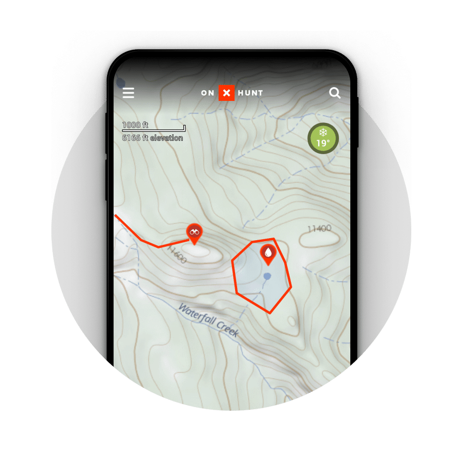 Mobile app showing waypoints, lines, and shapes added to a topographic map.