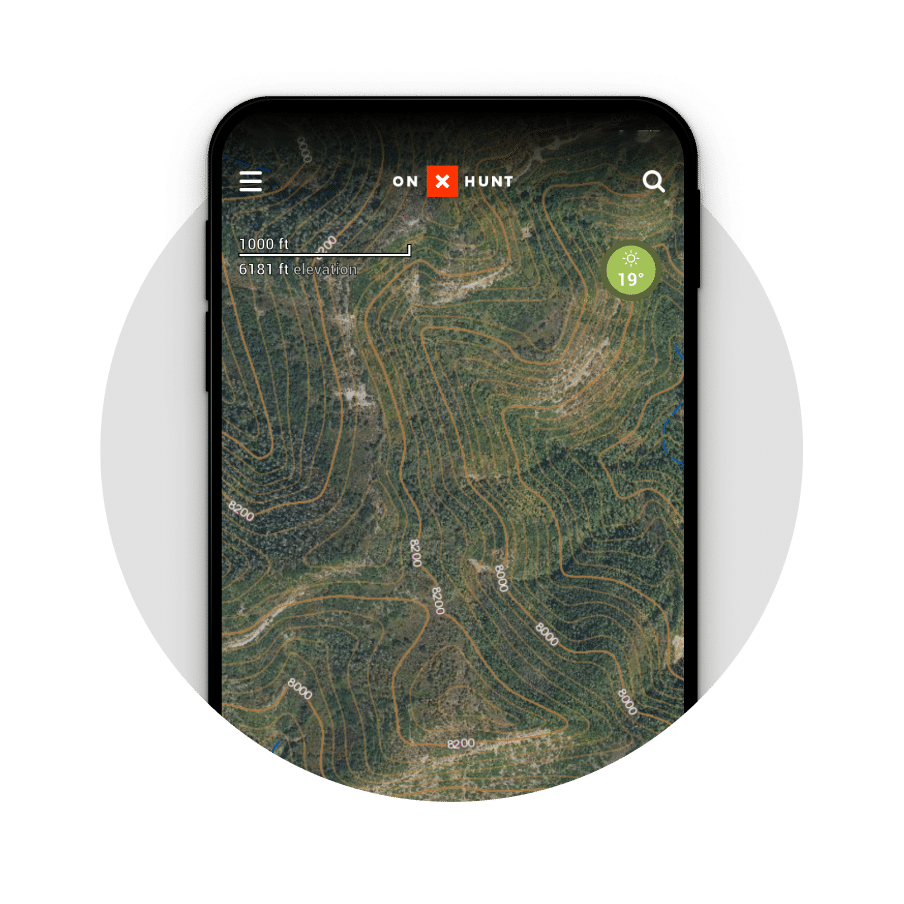 Mobile app showing the option to switch from a topographic map to satellite imagery to topo / sat hybrid mode.