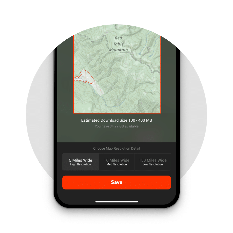 Mobile app showing the the option to download a topographic map for offline use.