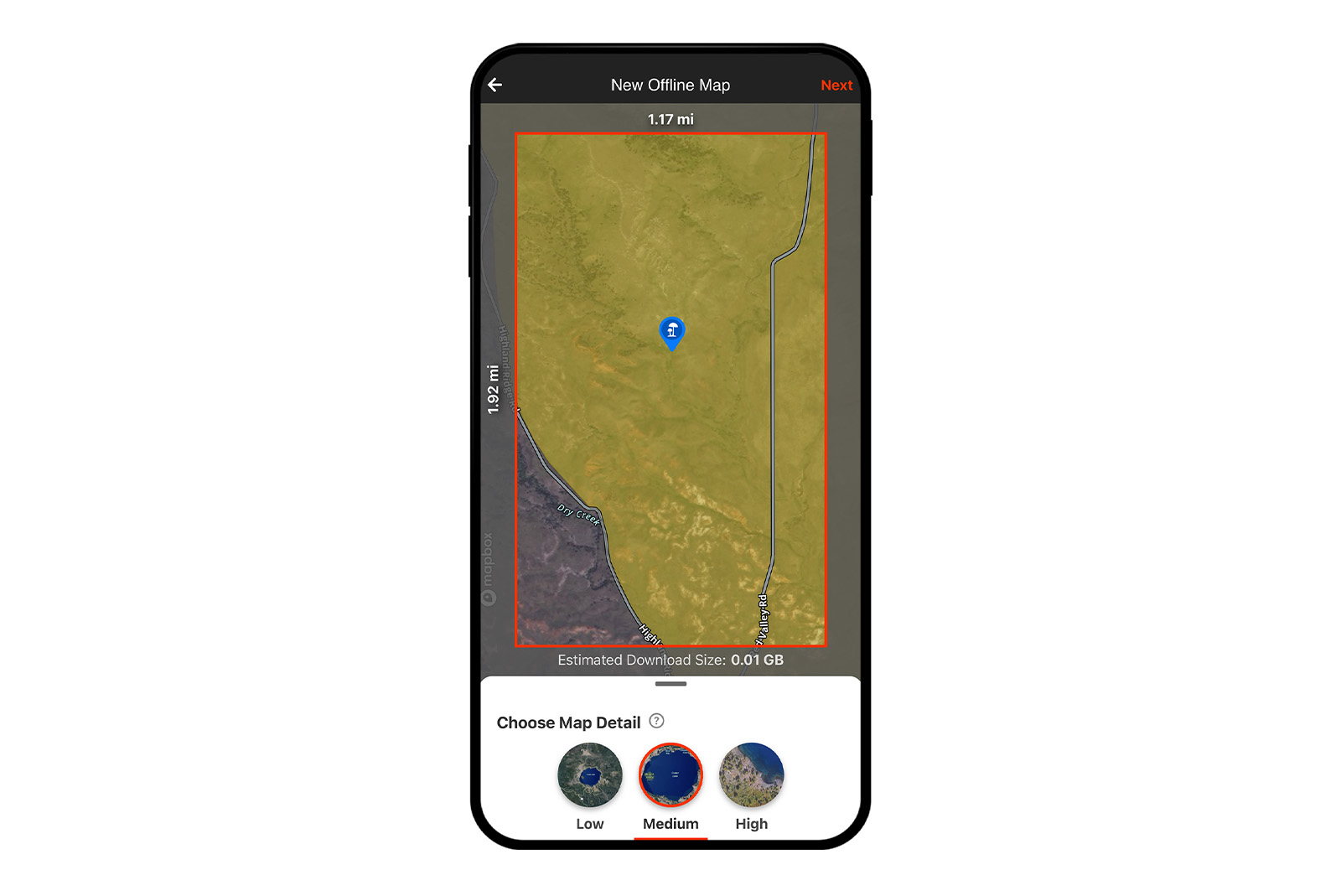 onX Hunt App showing Offline Map download screen. 