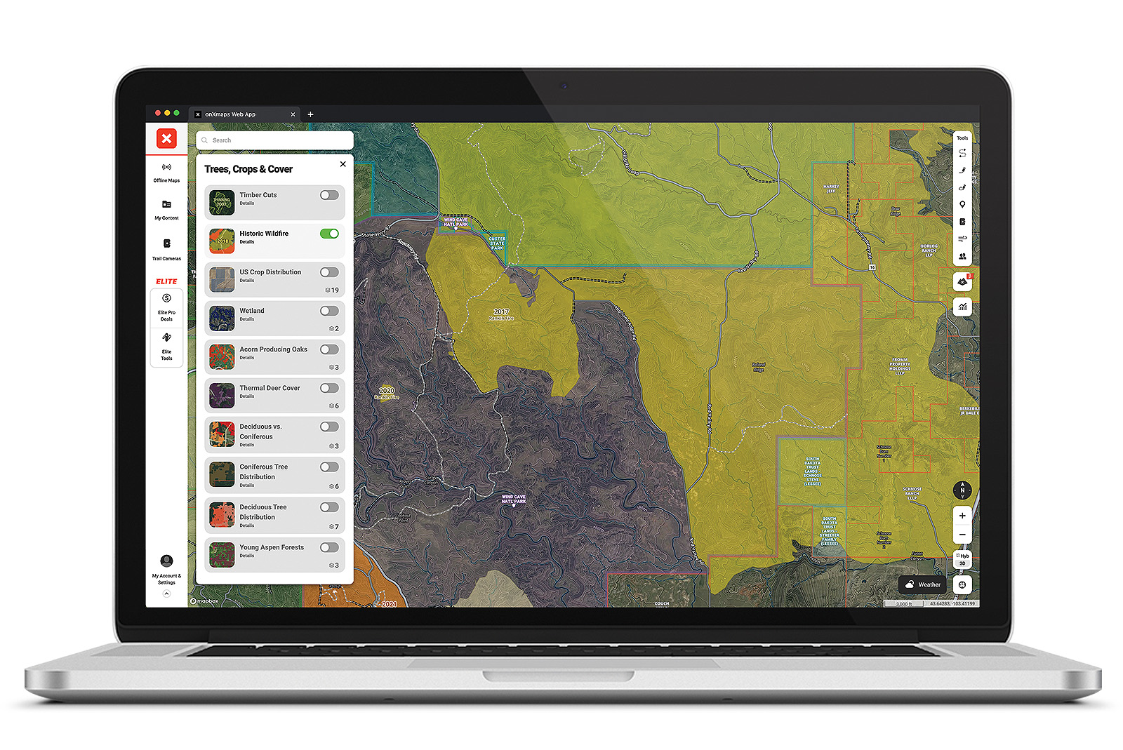 onX Web Map showing map layers.