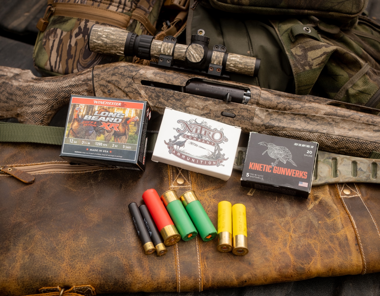 Turkey shot gun shells laid out in a row.