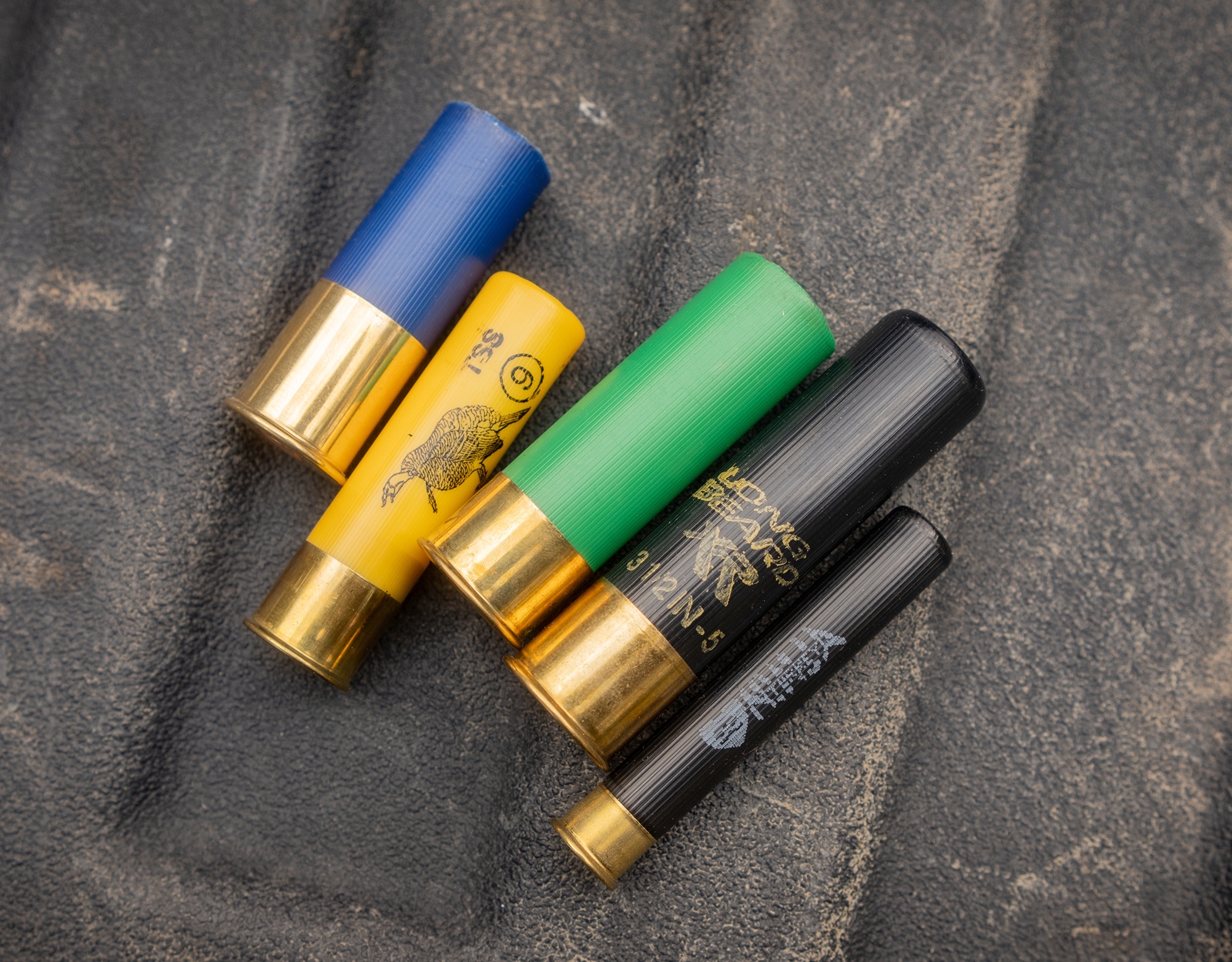 Turkey shot gun shells laid out in a row.