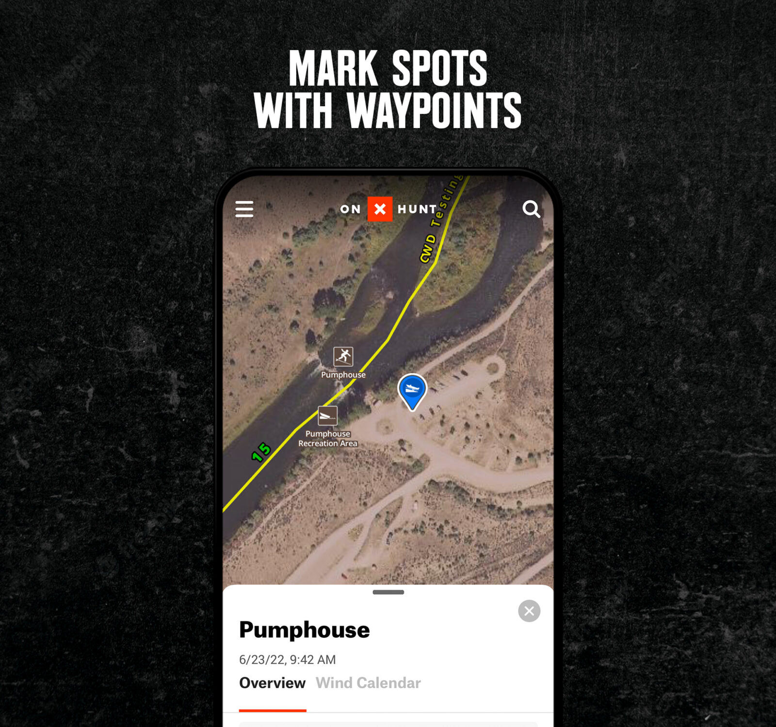 Screenshot of the onX Hunt App showing a Waypoint. 