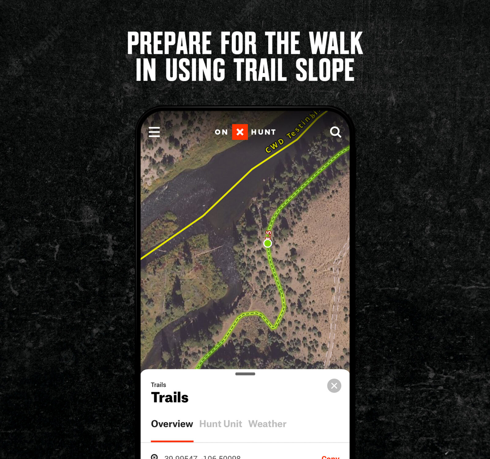 Screenshot of the onX Hunt App showing a trail. 