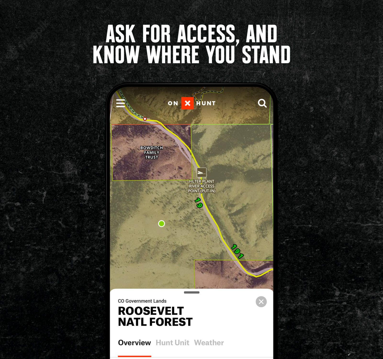 Screenshot of the onX Hunt App showing state land.