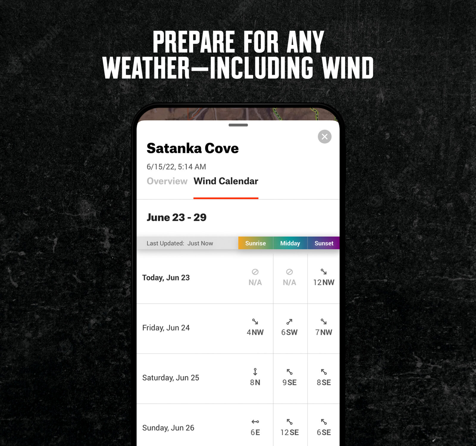 Screenshot of the onX Hunt App showing the wind forecast. 