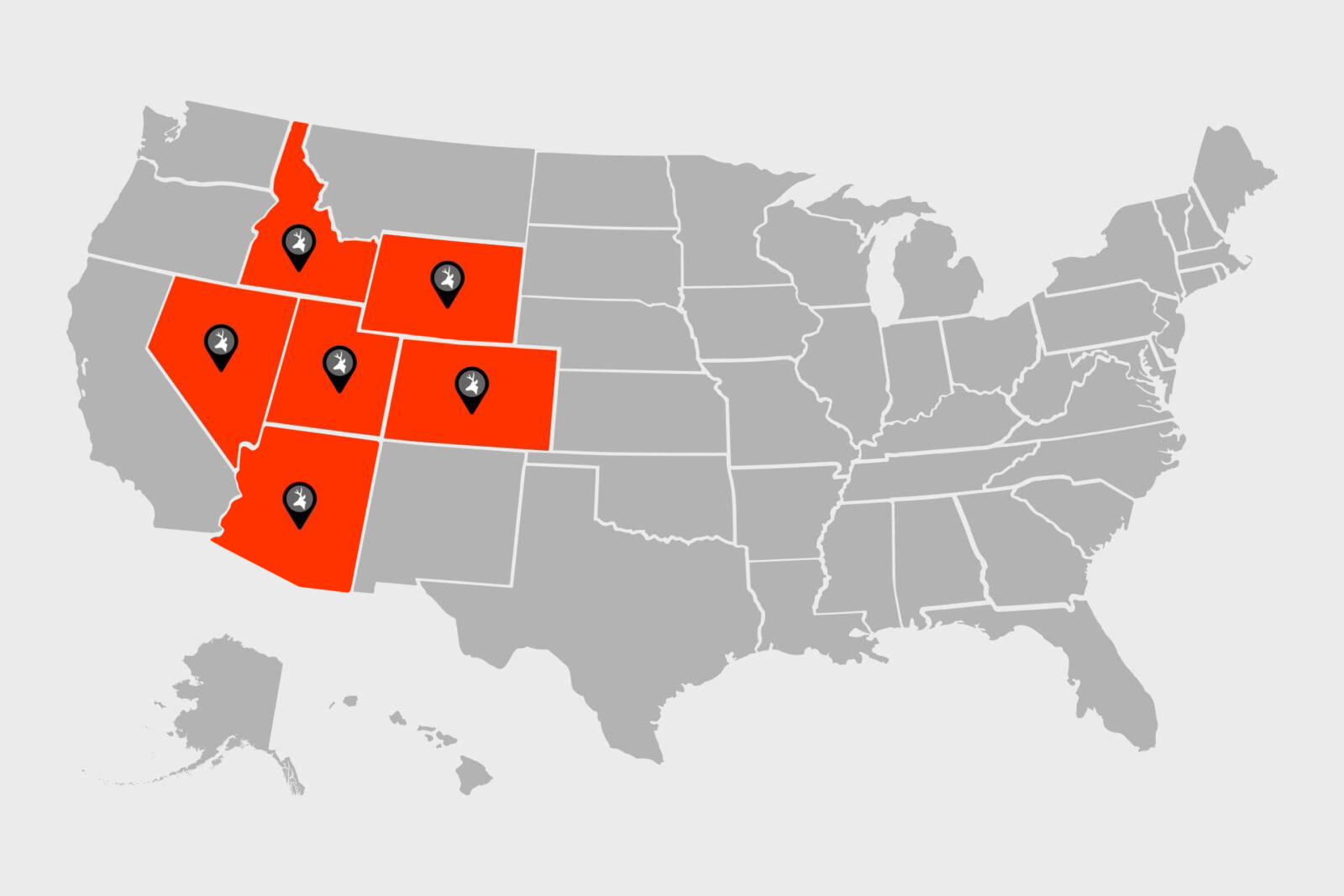 map of the US with western states highlighted that are good for mule deer hunting 