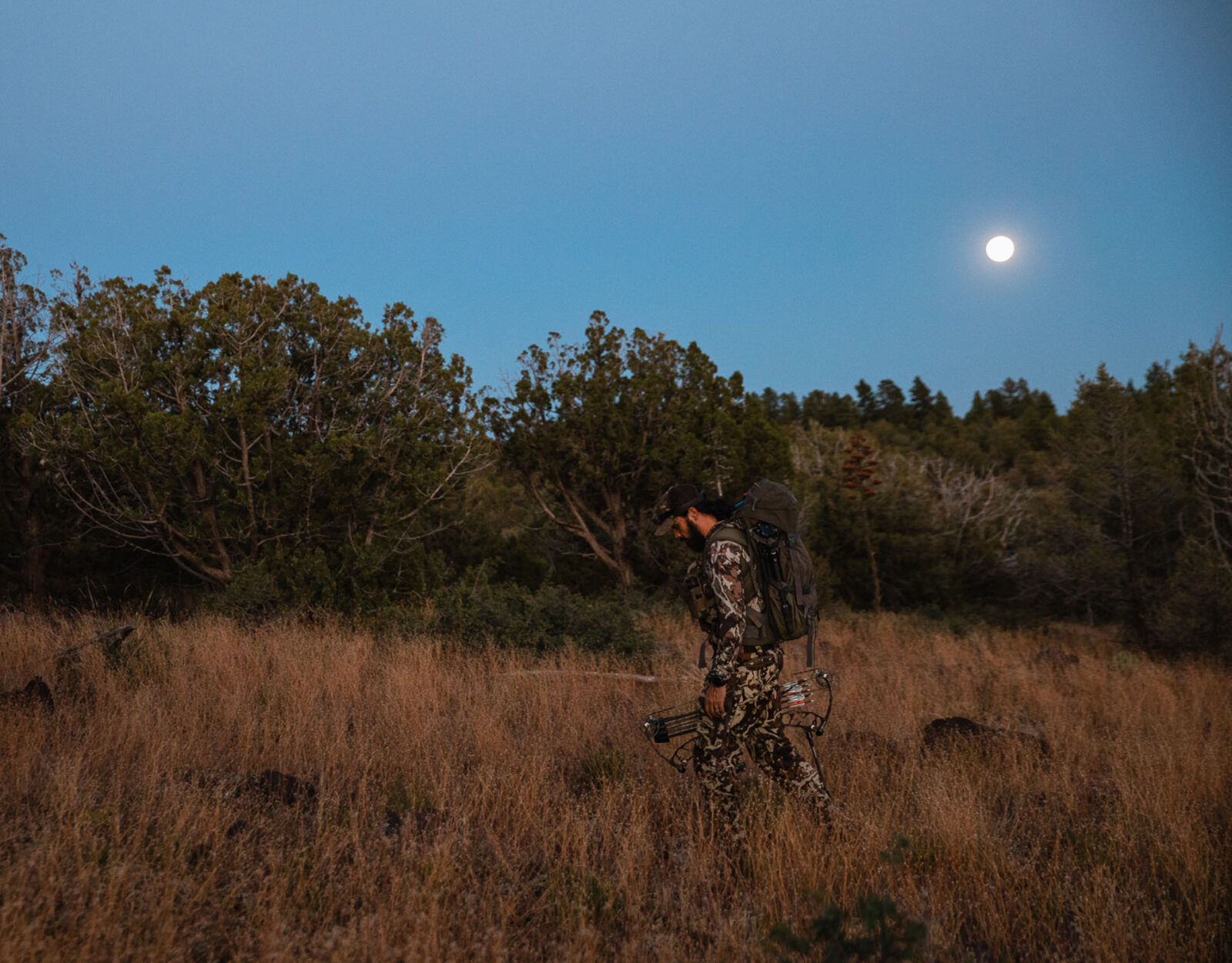 A bowhunter walks through a clearing in the timber with the moon shining above. 