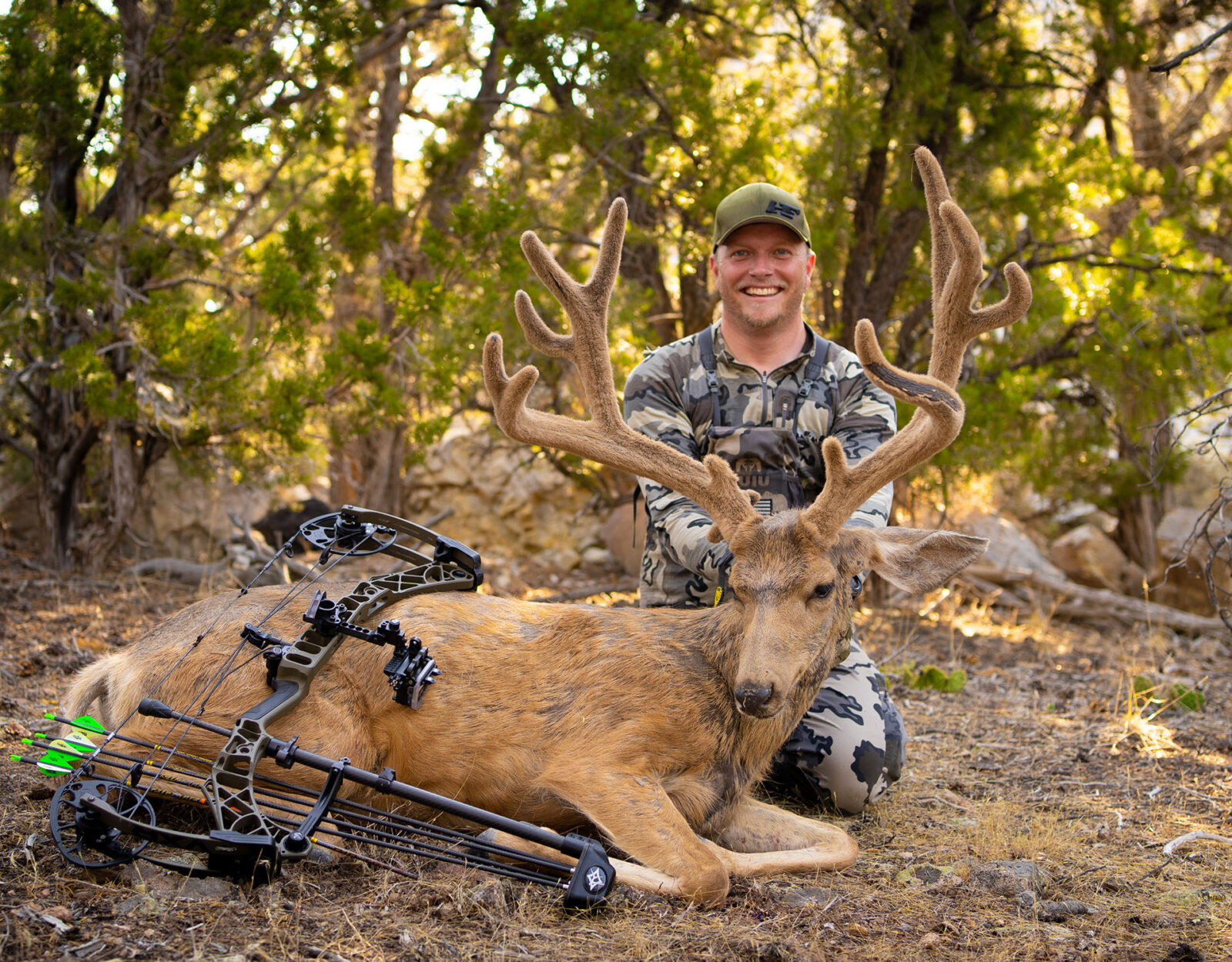 A male hunter wearing camo poses with a velvet buck and his bow. 