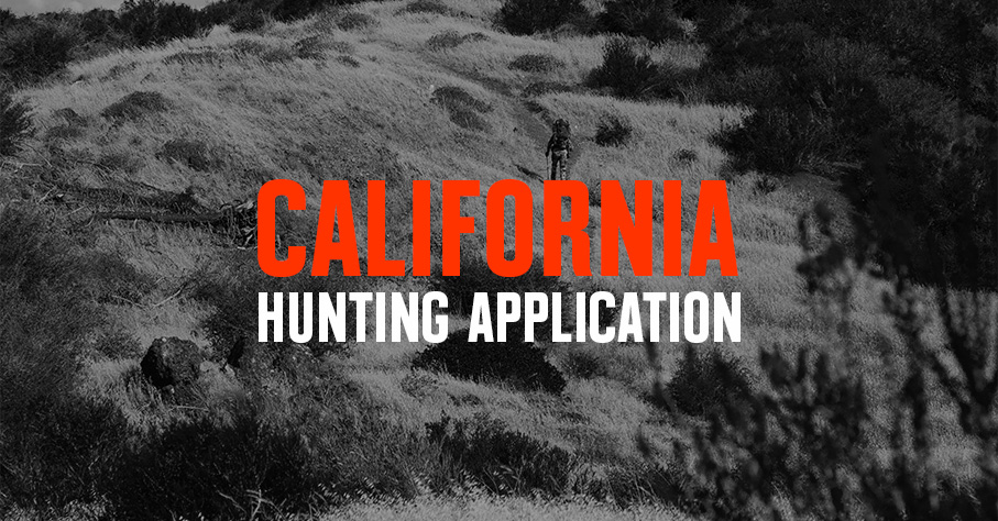 Black and white image of a hunter with California hunting application overwritten in white text.