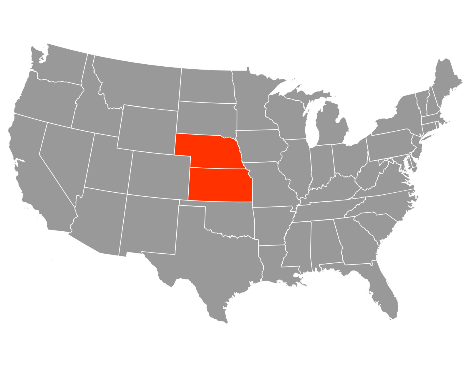 A map of the U.S. with Nebraska and Kansas highlighted in orange. 