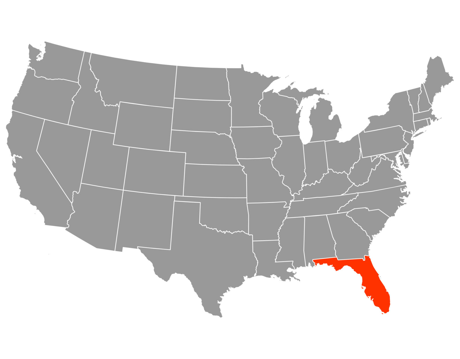 A map of the U.S. with Florida highlighted in orange. 