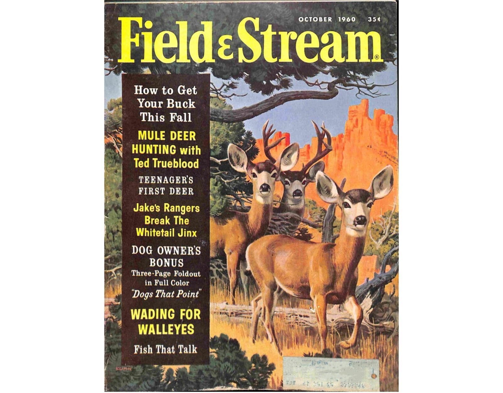 Field and stream cover from 1960 with an artistic drawing of 3 deer in a forested area