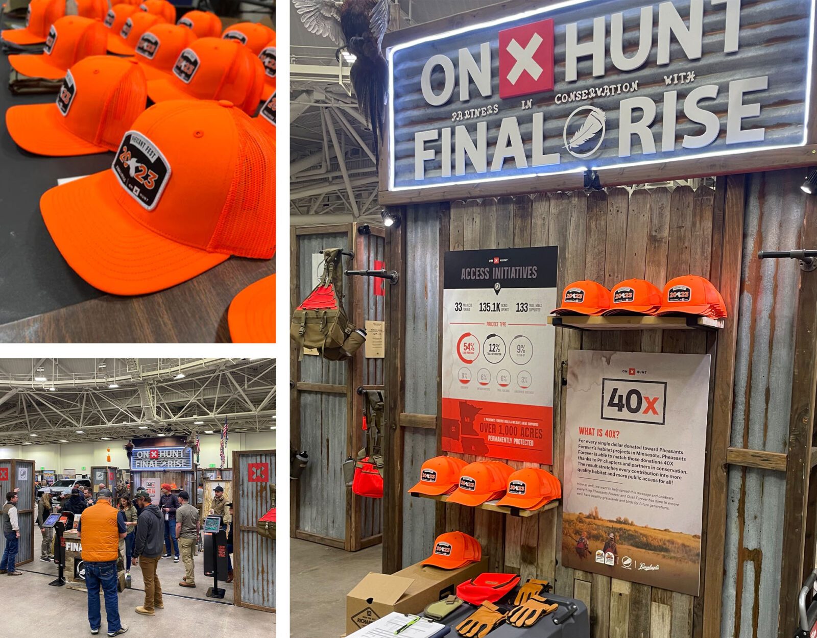 A collage of photos showing a conference booth for onX Hunt.