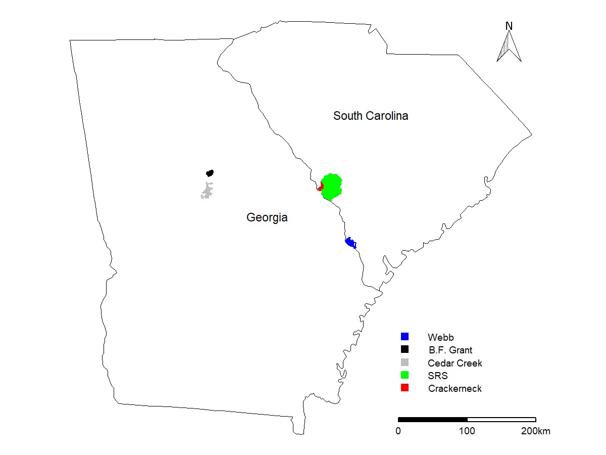 An image with a map of Georgia and South Carolina and the 3 sites studied for the gobbling research. 