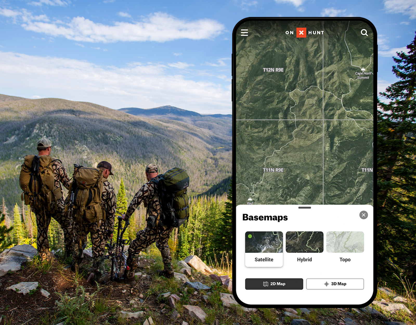 Three male hunters stop while overlooking mountains. There is a view of the onX hunt app with the basemaps satellite view showing how the hunters use the app. 