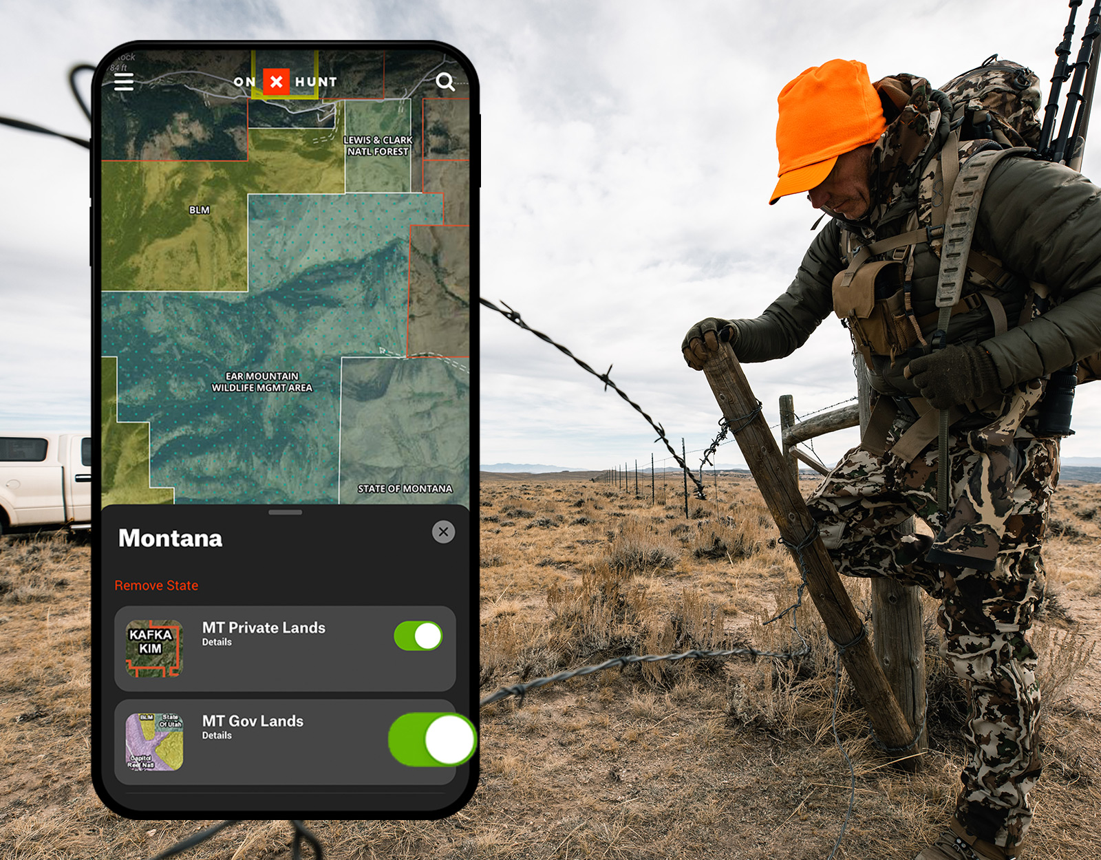 man crossing fence line while hunting. There is a view of the onX hunt app with the private and publics lands view showing how the hunter use the app. 