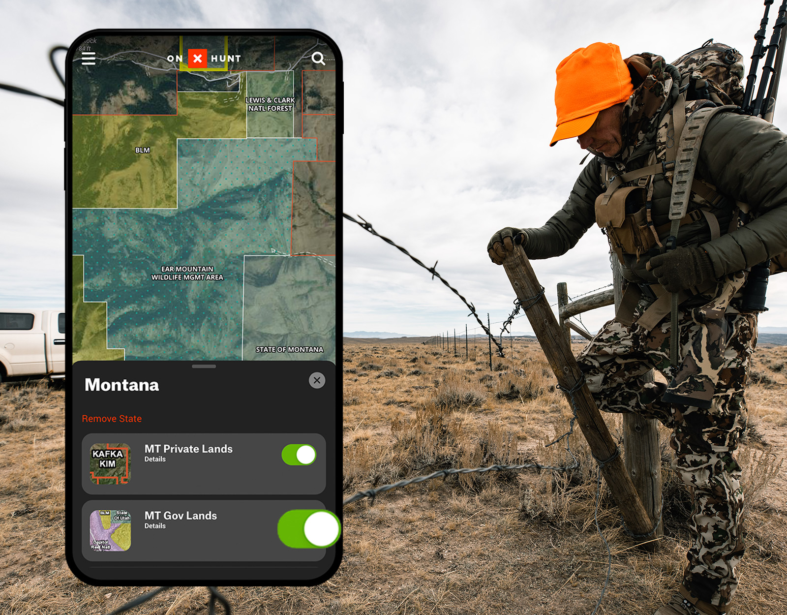 Man crossing fence line while hunting. There is a view of the onX hunt app with the private and publics lands view showing how the hunter use the app. 