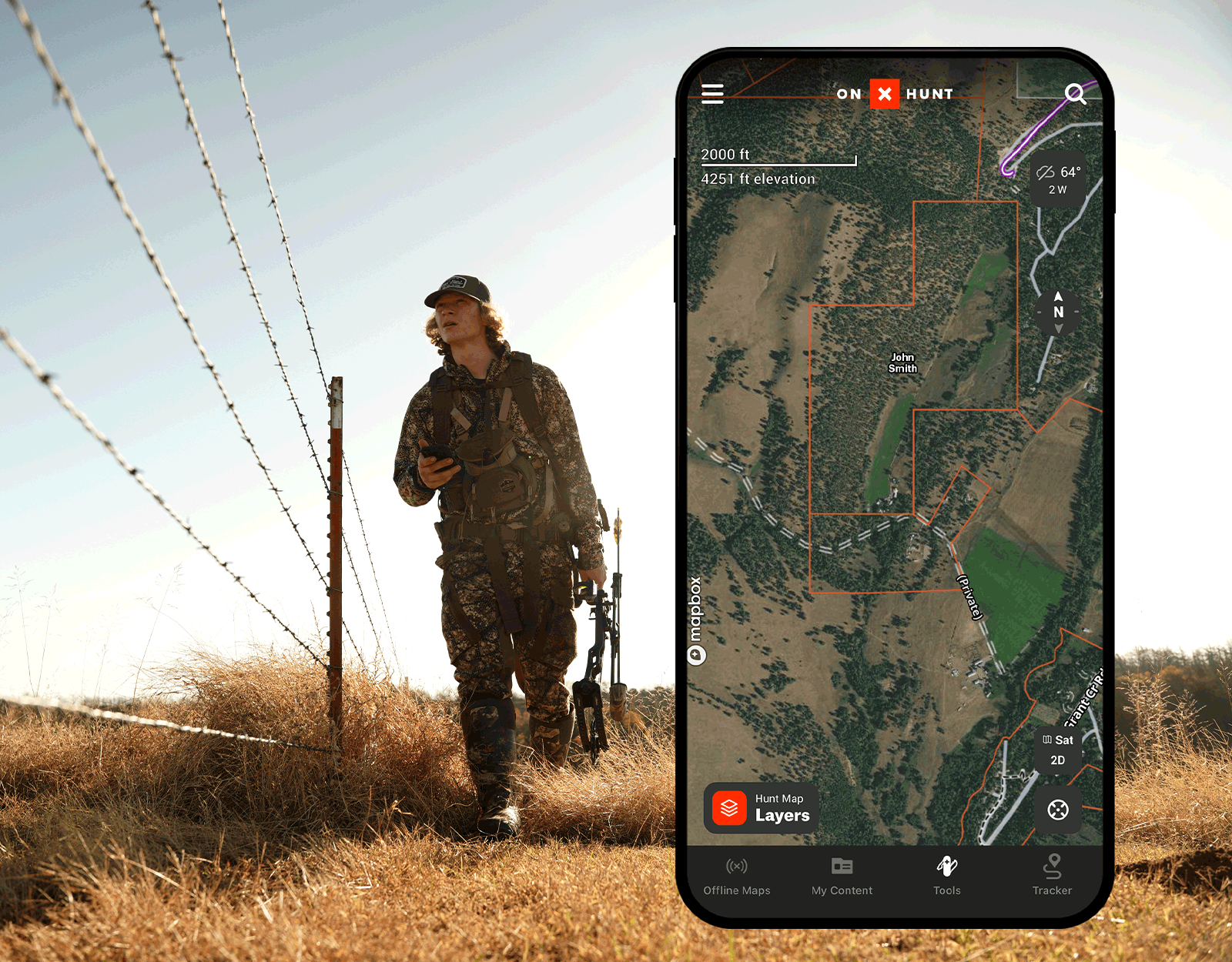 A bowhunter walks along a fenceline. A gif showing onX Hunt's private property information overlays the photo.