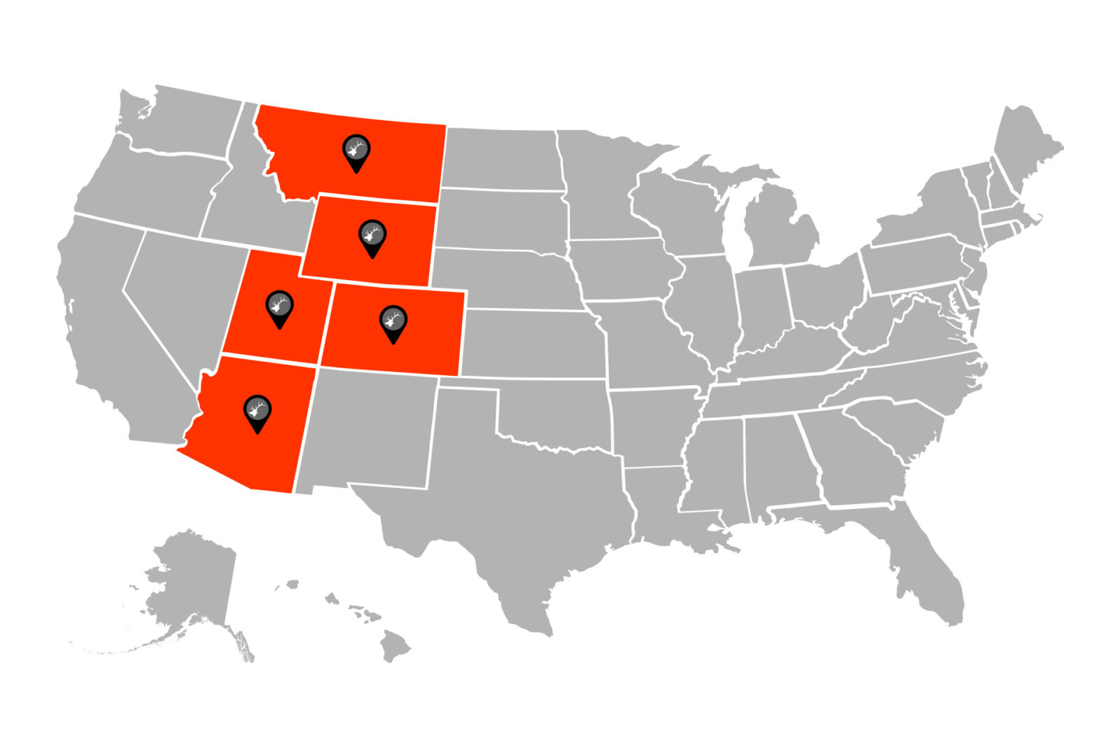 The 5 best states for hunting elk (Montana, Wyoming, Utah, Colorado and Arizona) highlighted on a map of the US