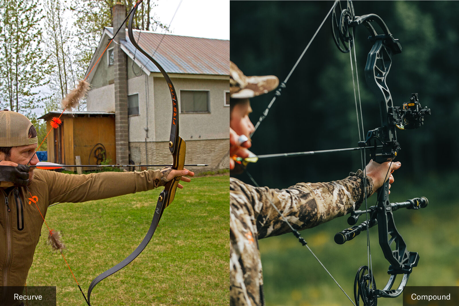 side by side of a recurve bow vs. a compound bow