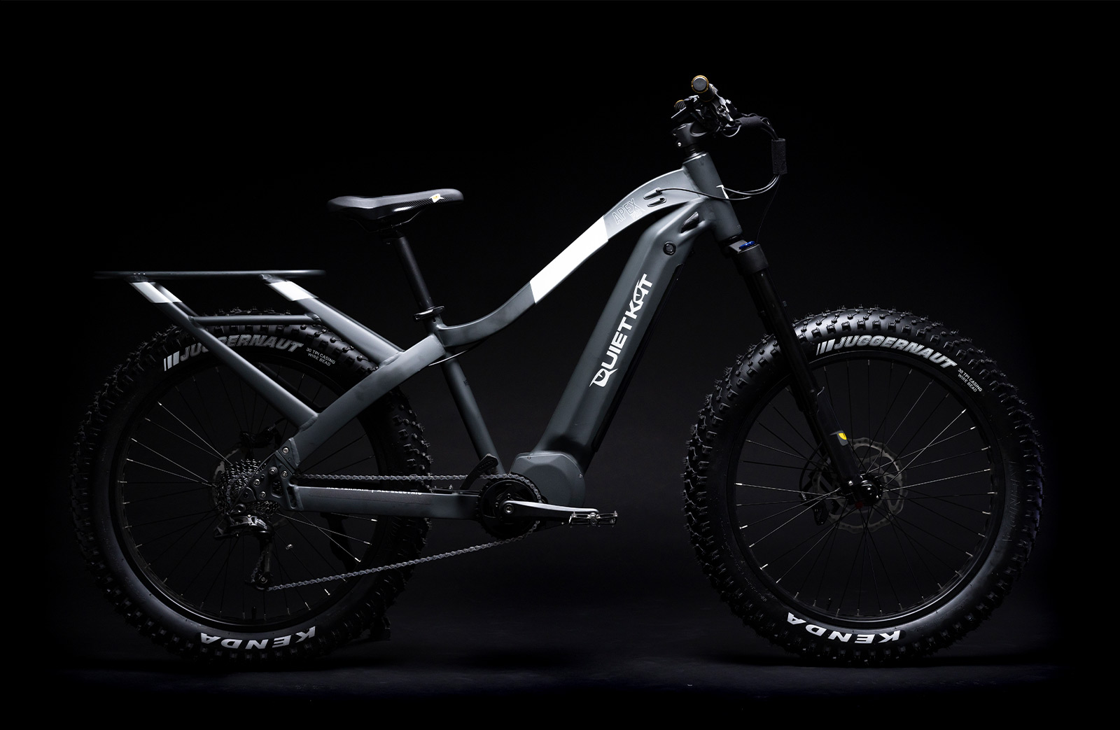 sleek, black Quiet Kat e-bike for hunting on a black background 