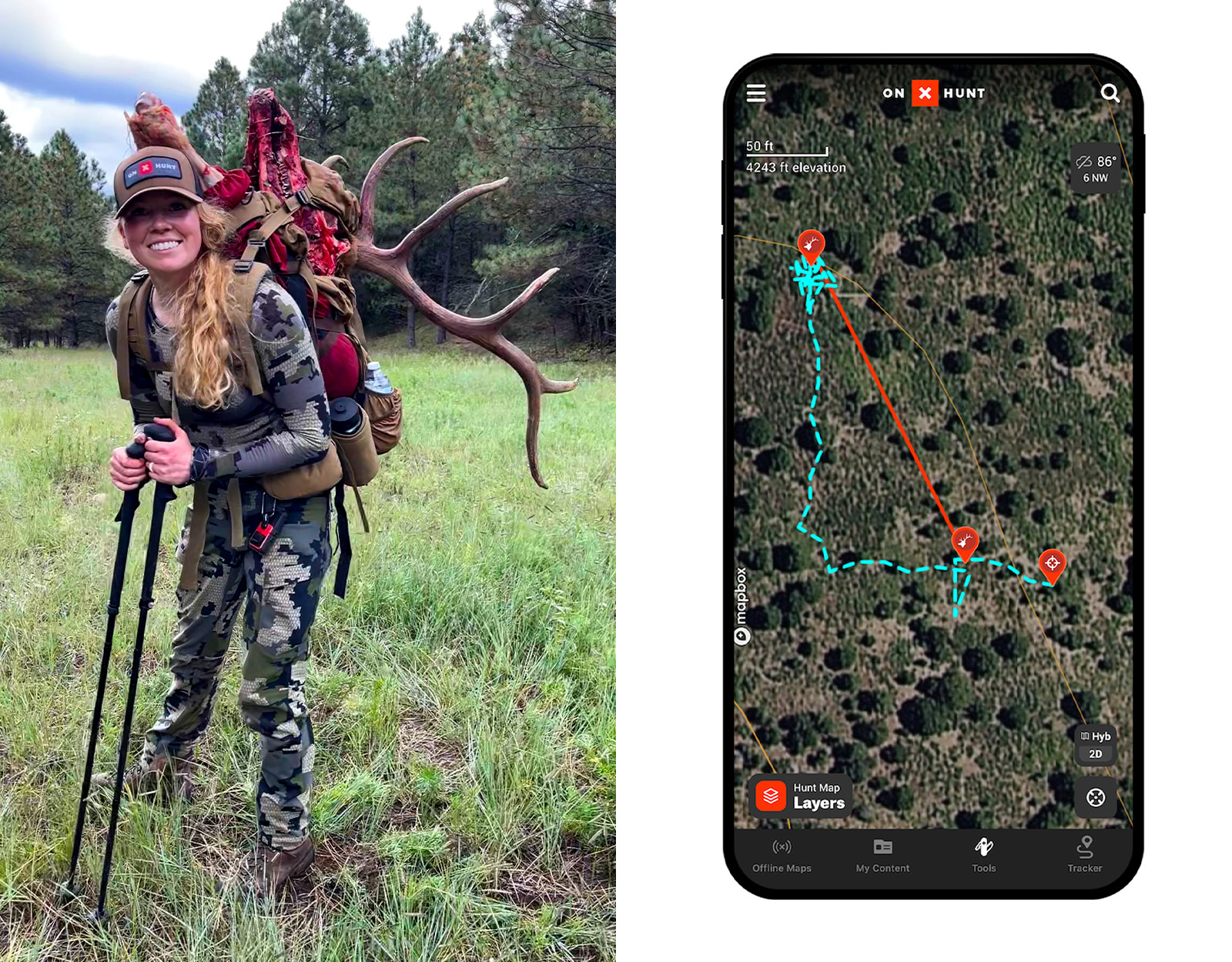 A side-by-side photo of a woman packing out a bull elk with trekking poles and the onX Hunt App's tracker user interface.