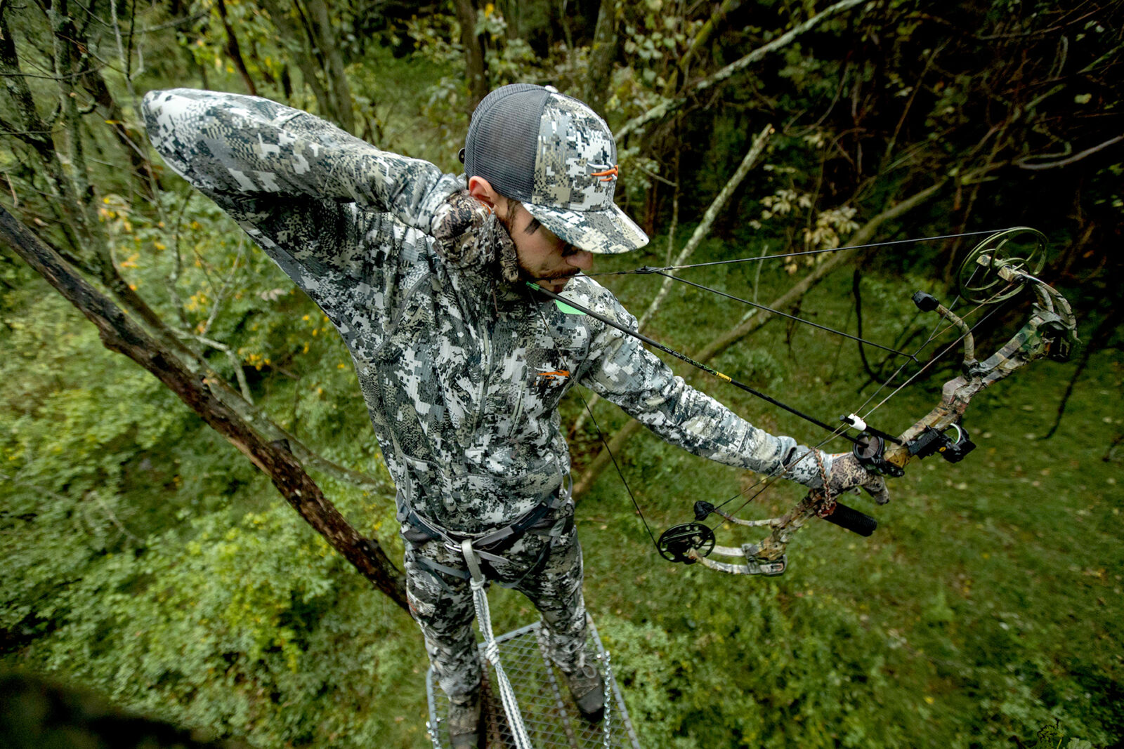 A bowhunter in a treestand holds his bow at full draw. 