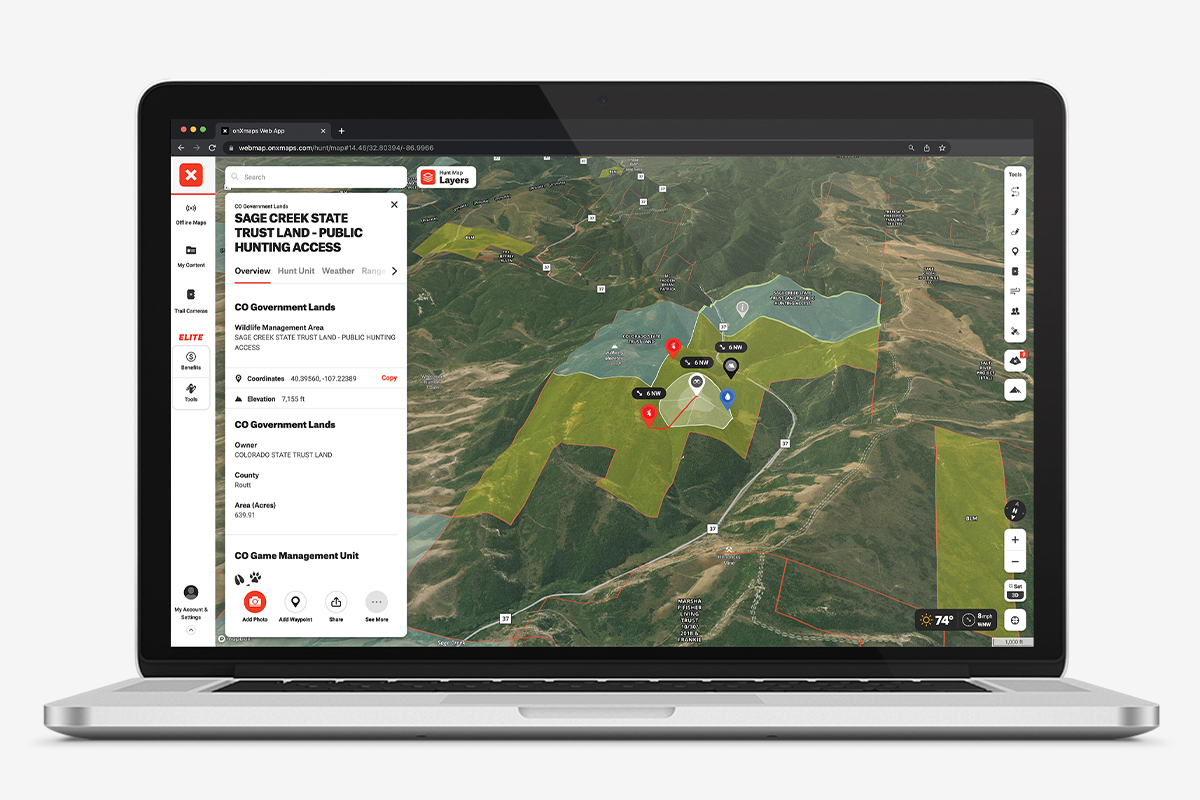 The best hunting app, onX Hunt, open on a desk top view