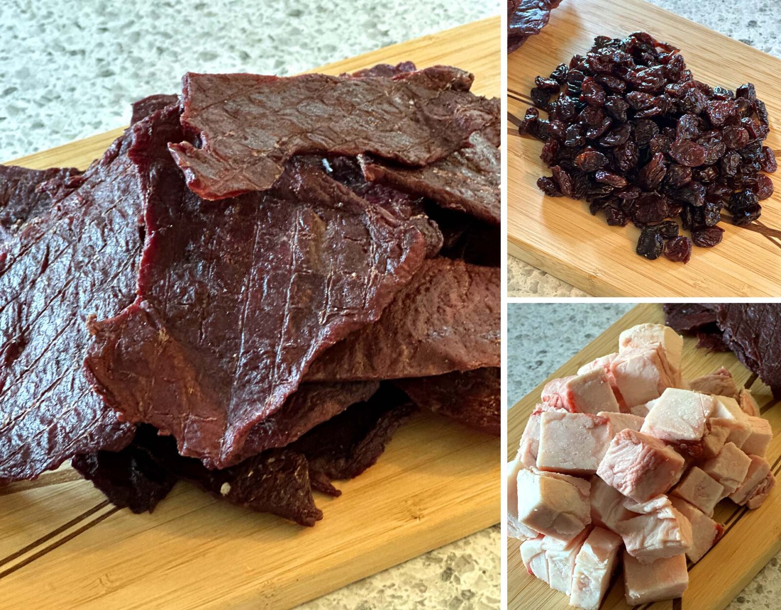pemmican ingredients - jerkey, dried fruit and rendered fat