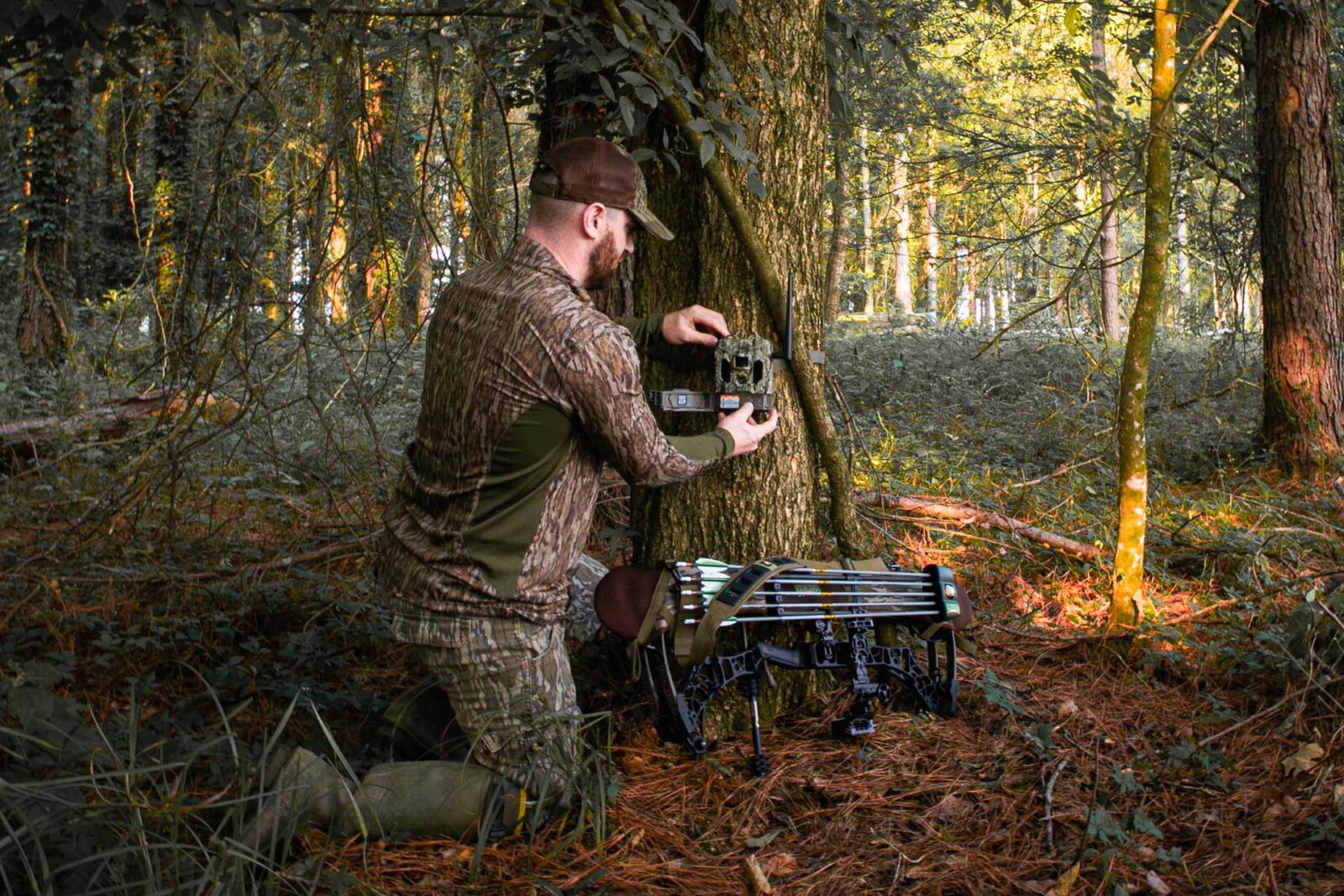 A hunter setting up a trail cam to capture the deer rut