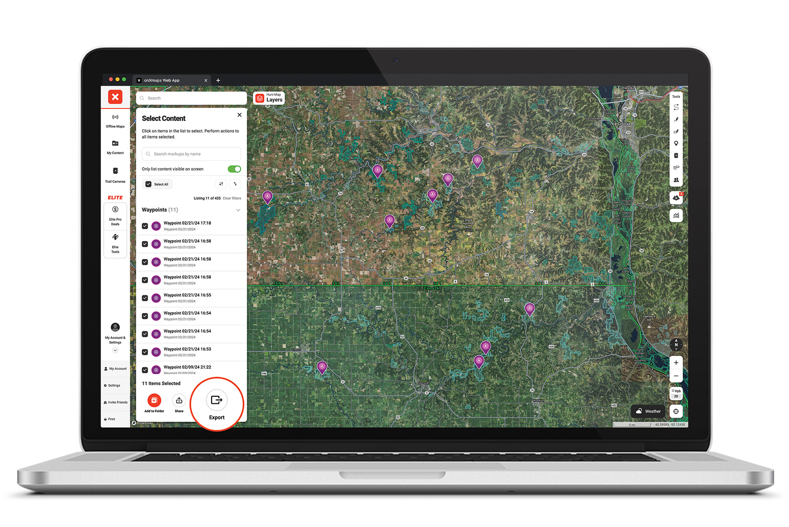 onX Web Map showing how to export My Content data.