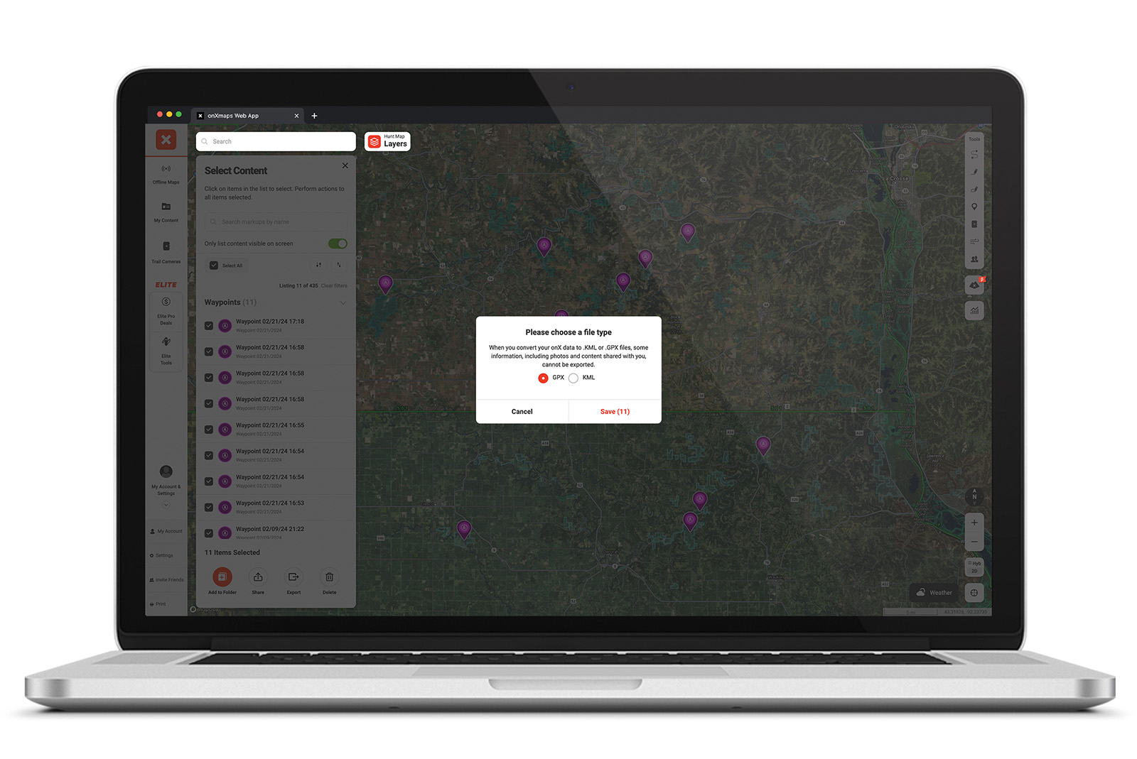 onX Web Map showing how to export a GPX file. 