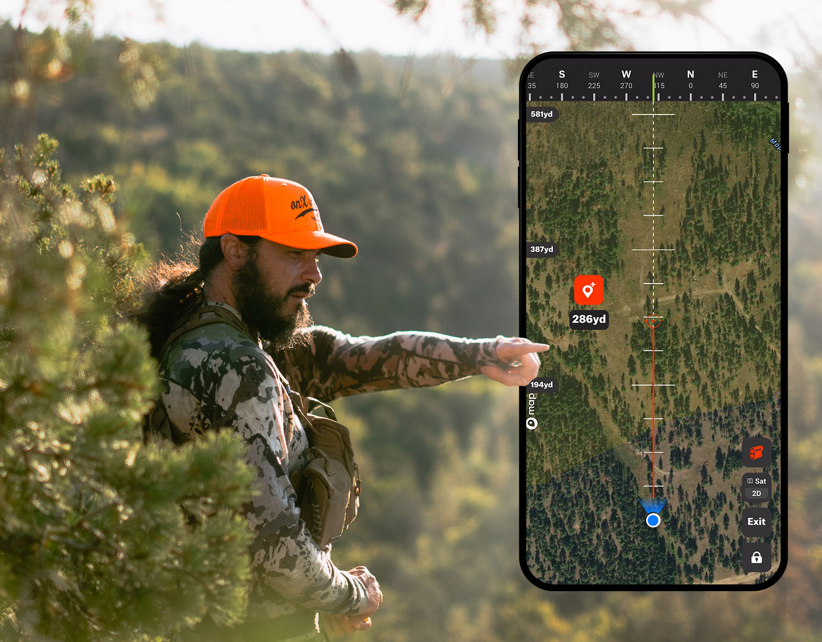 Man pointing while hunting, and indicating distance on onX Hunt App. 