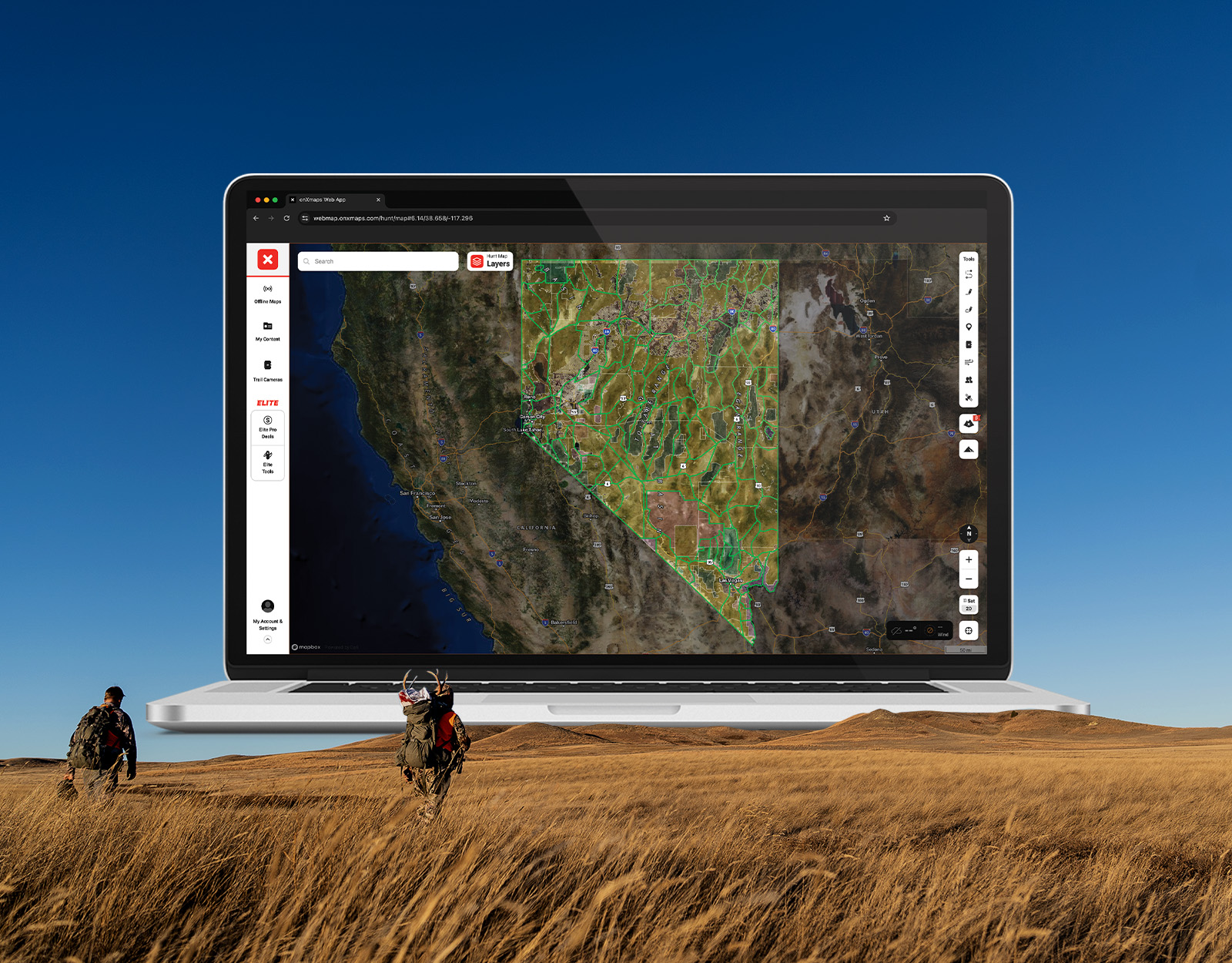 Screenshot of the onX Hunt Web Map overlaid on image of two hunters walking through a prairie. 
