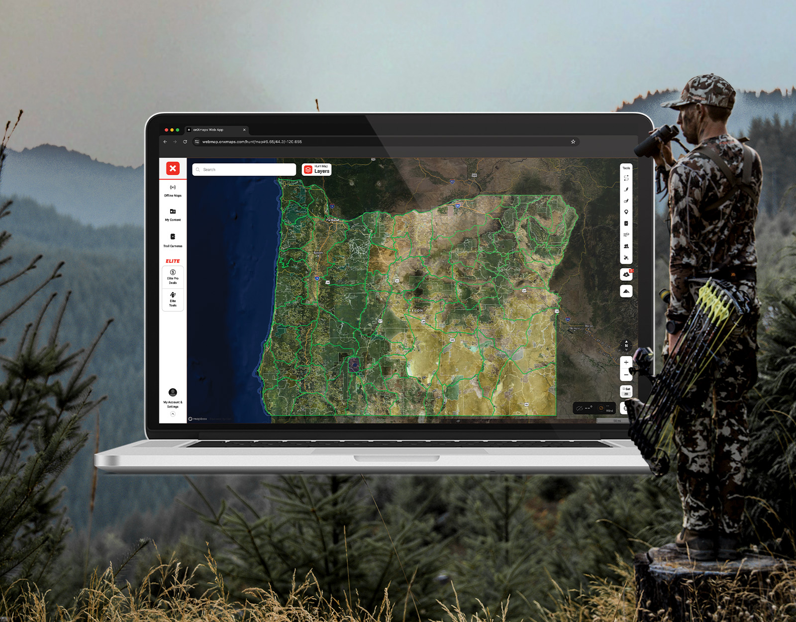 Infographic of the onX Hunt Web Map. A bowhunter is in the background. 