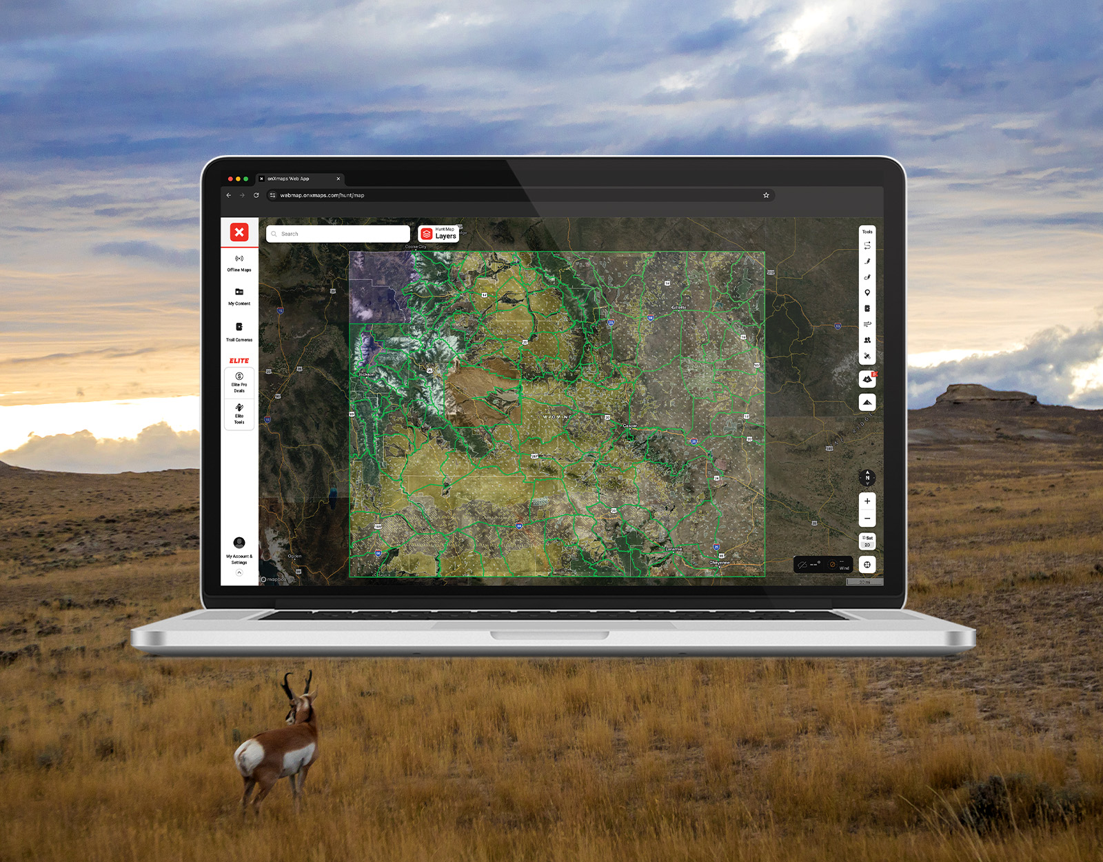 Screenshot of onX Hunt Web Map overlaying image of a pronghorn in a field. 