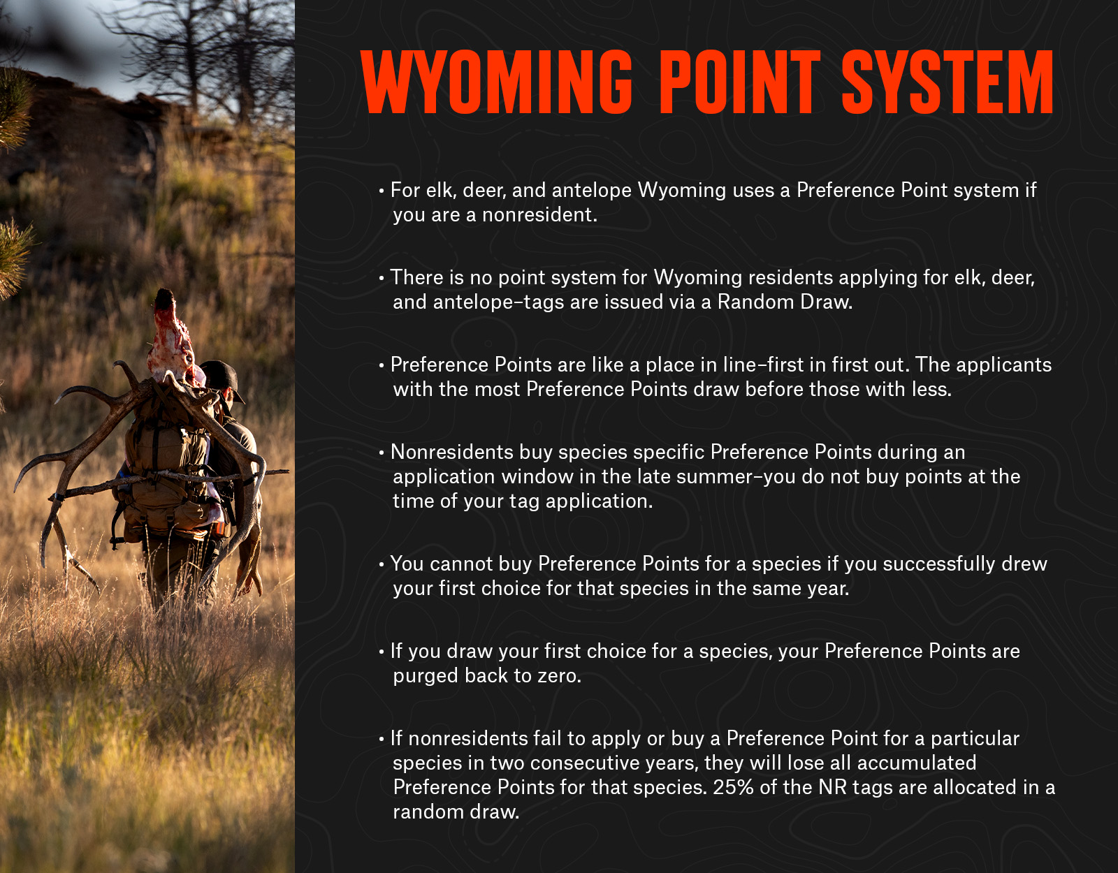 Infographic showing information on Wyoming's point system. A hunter packing out an elk appears on the left-side of the graphic. 