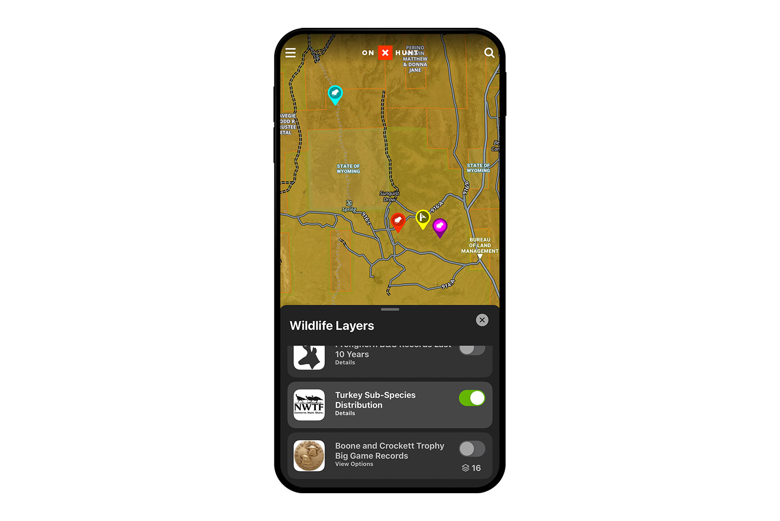 onX Hunt App showing the NWTF Map Layer.