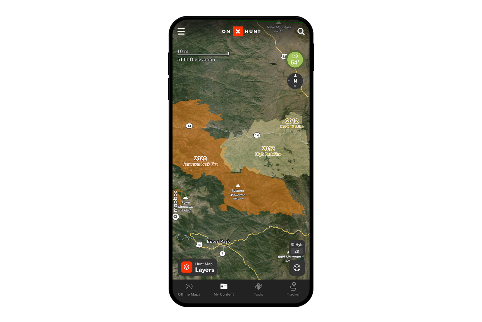 onX Hunt App showing historic wildfires.