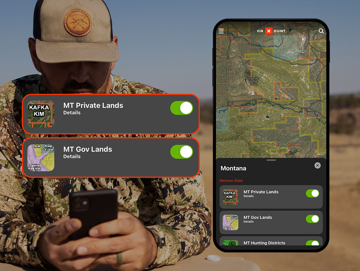 A hunter uses his mobile device in the field; an onX Hunt screenshot shows Montana public and private land layers.