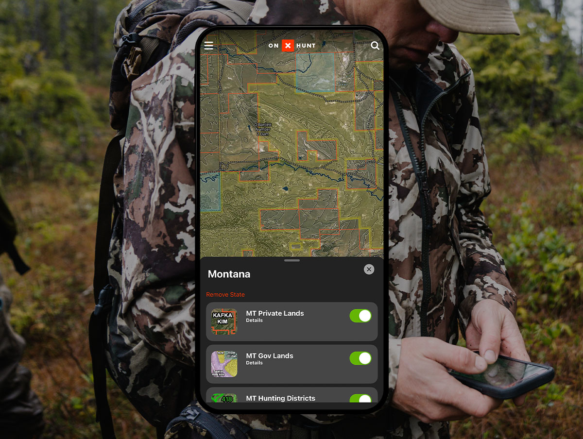 onX Hunt App showing Montana public and private lands layers.