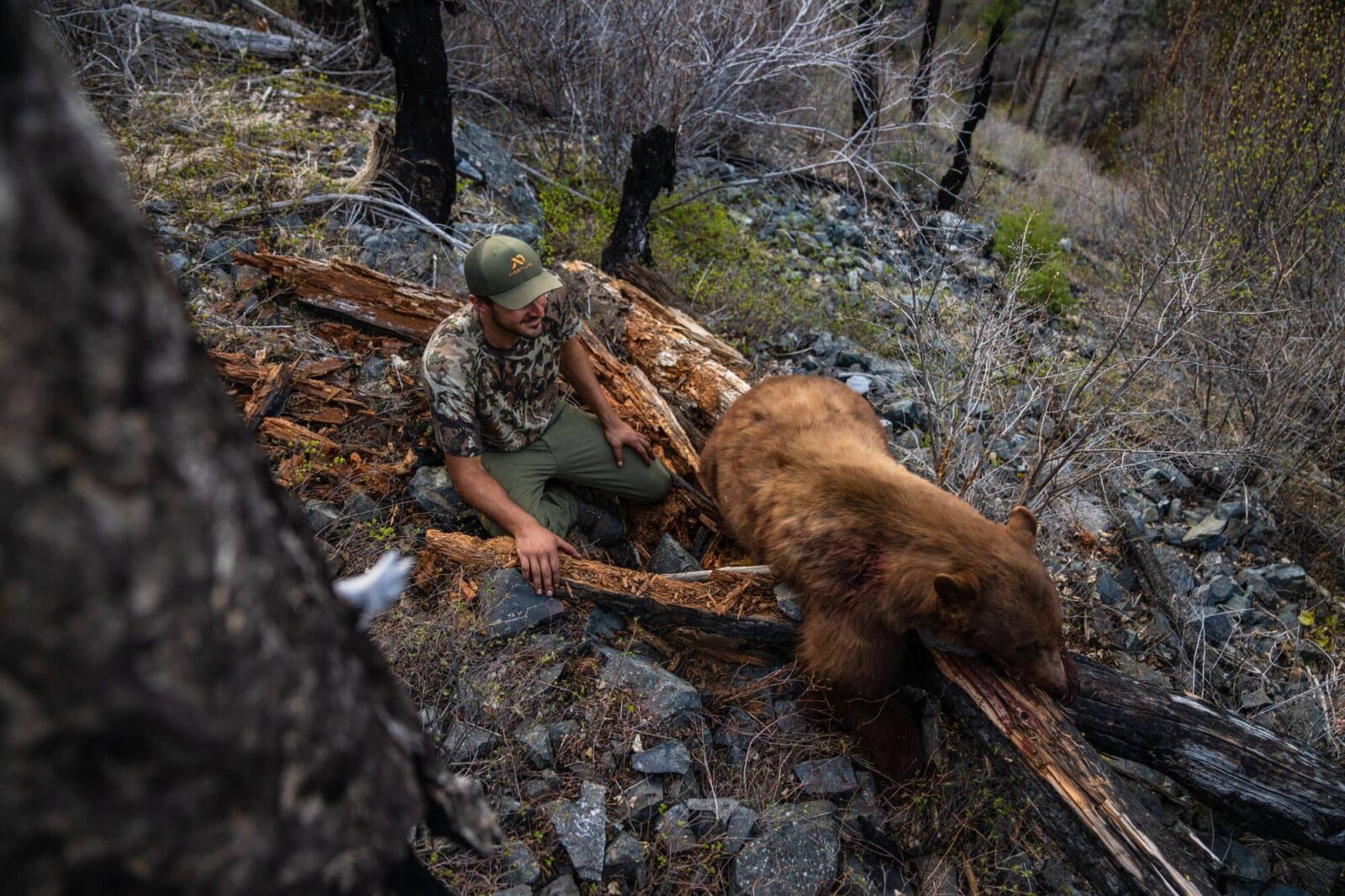A hunter kneels next to the black bear he harvested. 